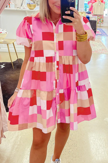 Pink Plaid Print Puff Sleeve Buttoned Tiered Dress