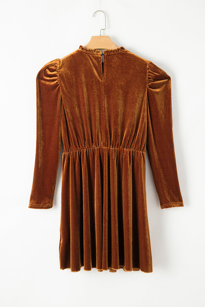 Chestnut Velvet Frilled Neck Gigot Sleeve Swing Dress