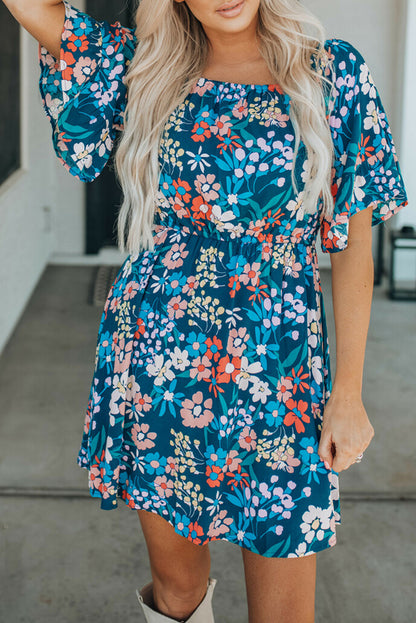 Blue Square Neck Ruffle Floral Dress