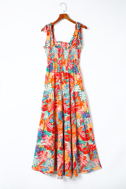 Multicolor Vibrant Tropical Print Smocked Ruffle Tiered Maxi Dress