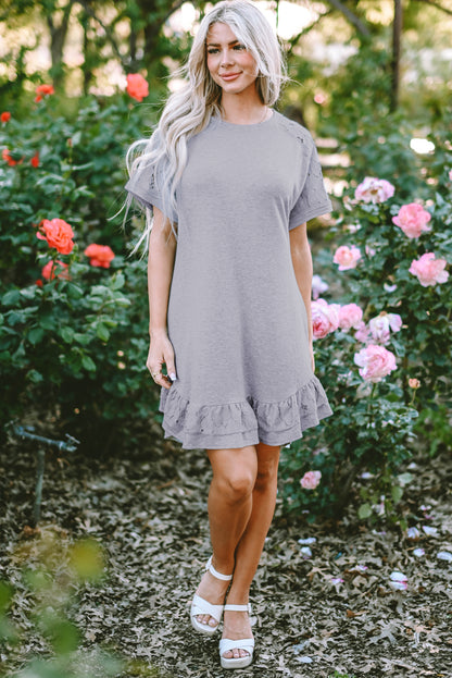 Light Grey Lace Floral Patchwork Ruffled T-shirt Dress