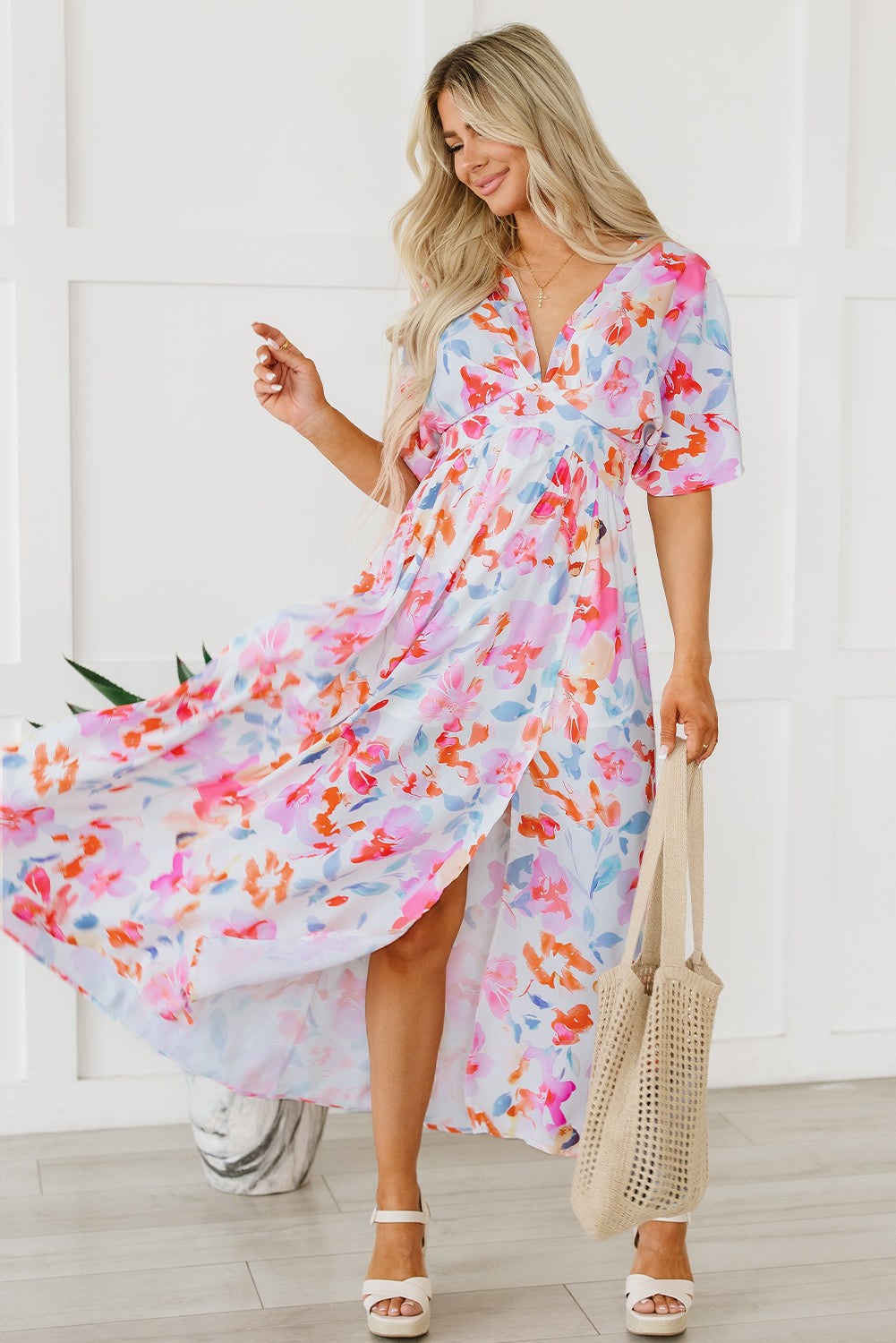 Multicolor Tropical Floral Print Ruched V Neck Maxi Dress