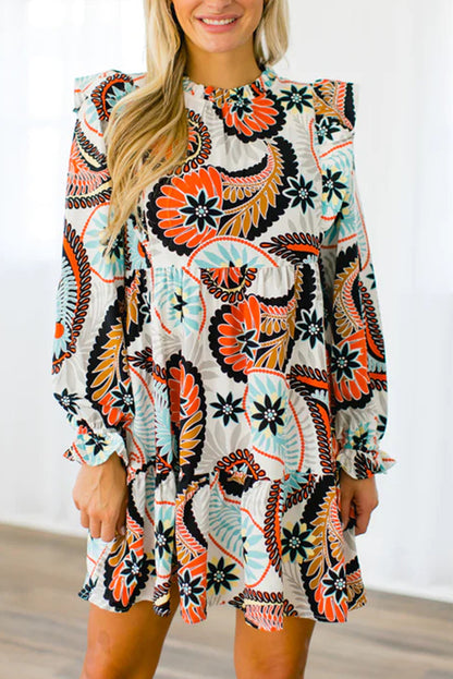 White Printed Boho Paisley Floral Print Puff Sleeve Mini Dress