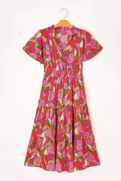 Rose Floral Short Sleeve Smocked Waist Maxi dress