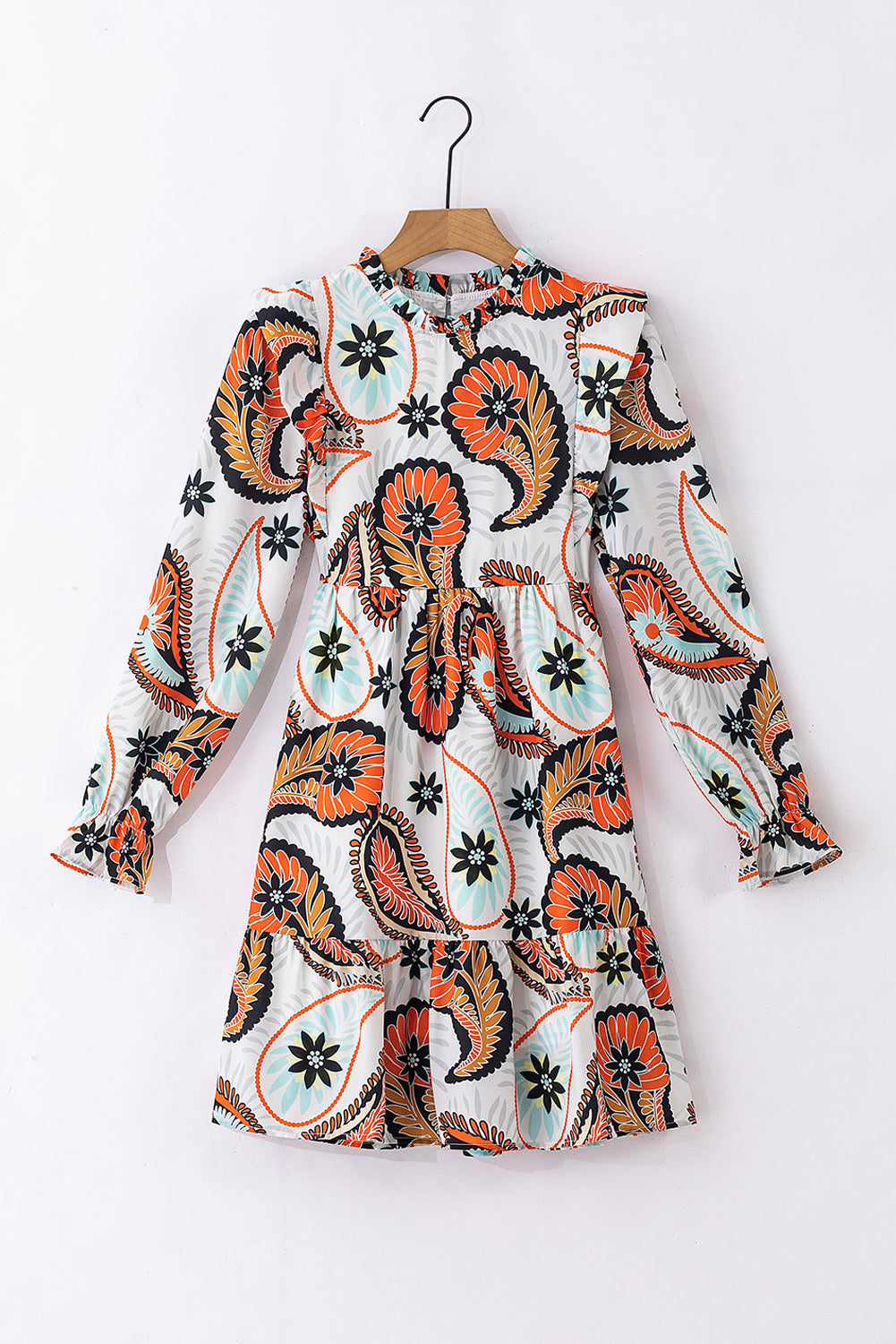 White Printed Boho Paisley Floral Print Puff Sleeve Mini Dress