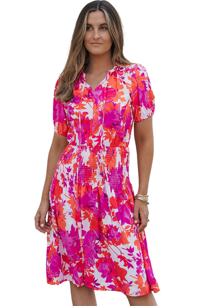 Rose Floral Smocked Waist Bubble Sleeve Flare Dress