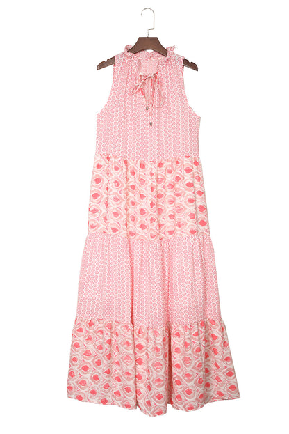 Pink Abstract Print Split Neck Sleeveless Maxi Dress