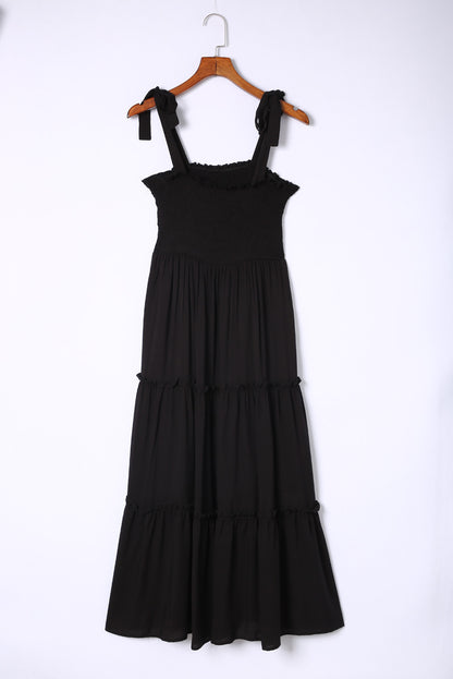 Black Tie Strap Smocked Frill Tiered Midi Dress