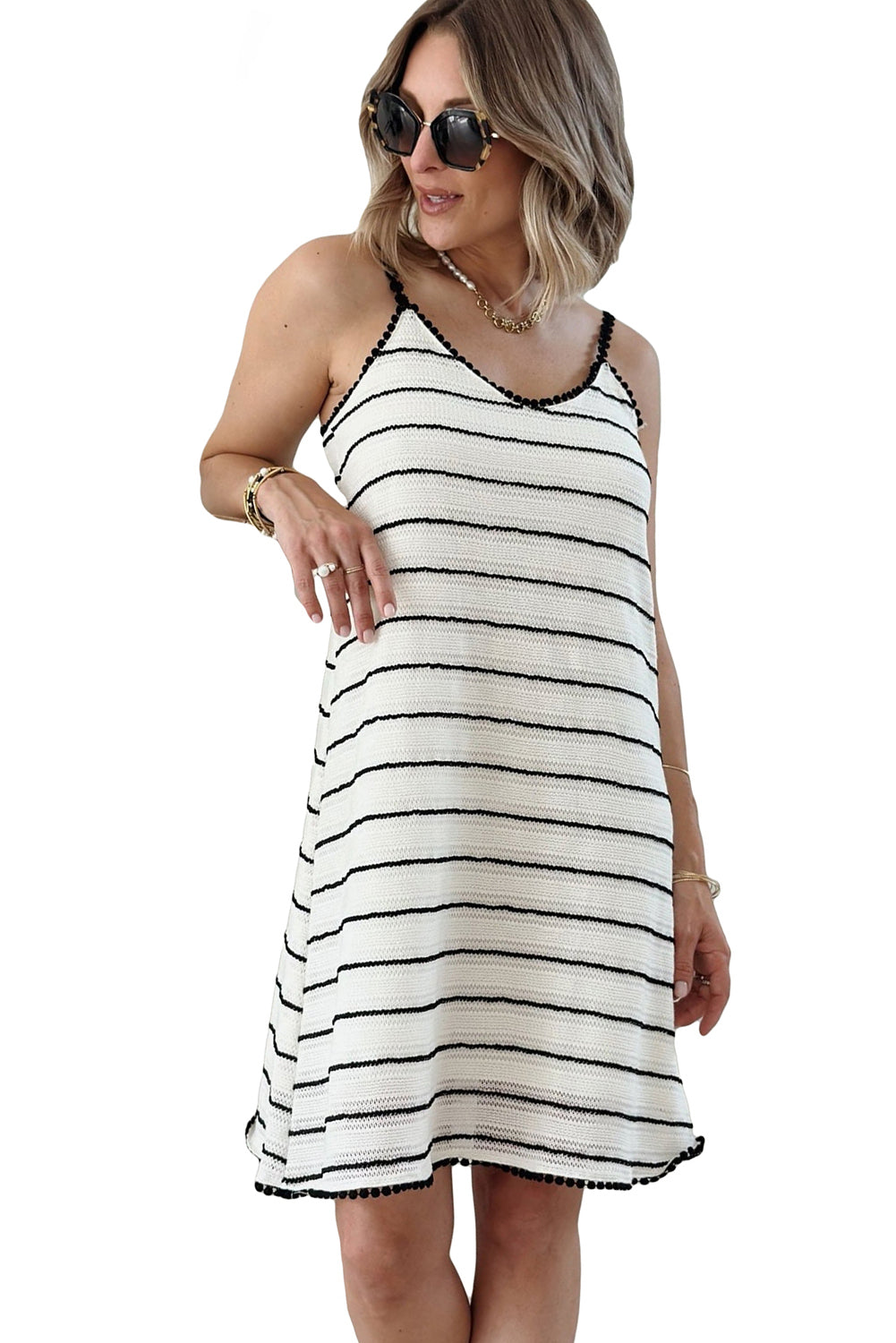 White Contrast Lace Trim Striped Knit Slip Dress