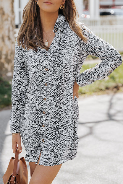 Long Sleeve Leopard Animal Print Shirt Dress