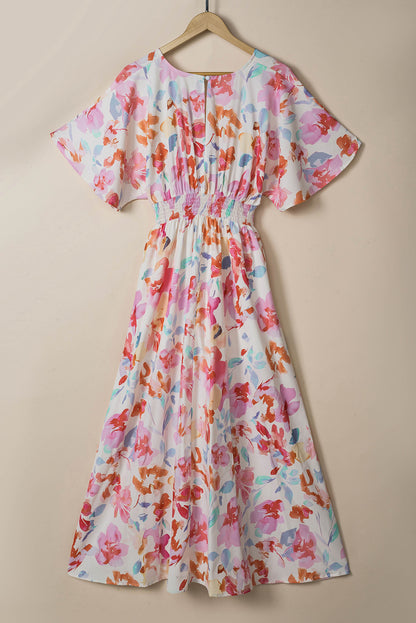 Multicolor Tropical Floral Print Ruched V Neck Maxi Dress