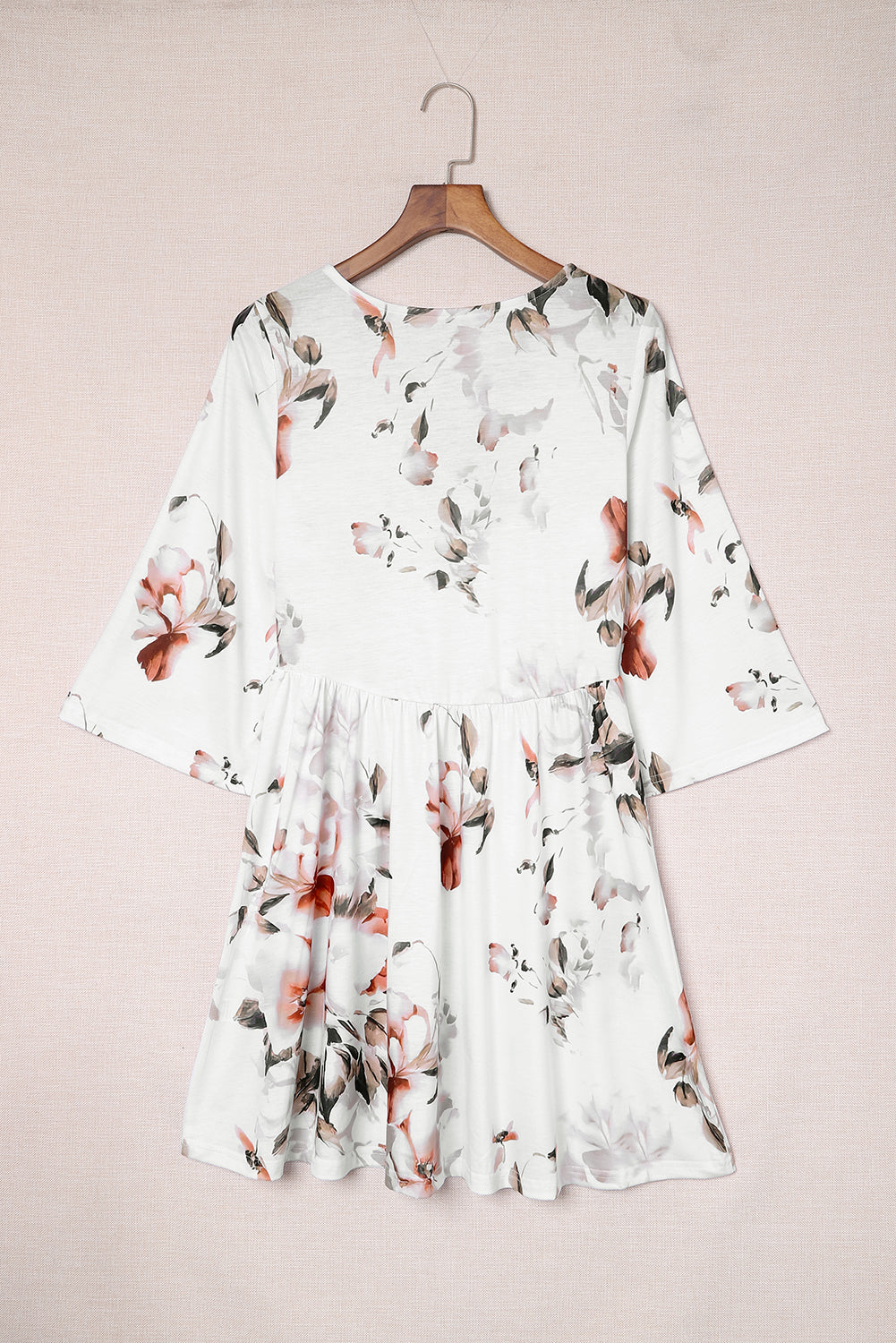 White V Neck 3/4 Sleeve Floral Dress