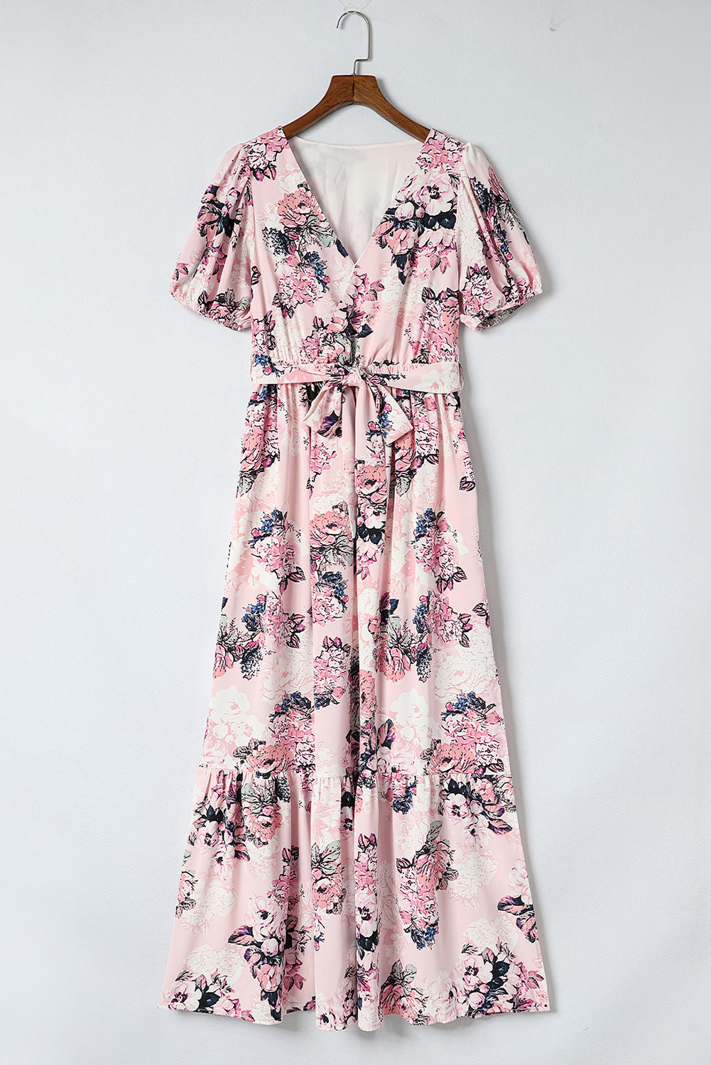 Pink Floral Puff Sleeve High Waist Maxi Dress