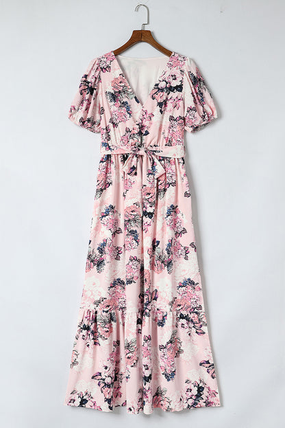 Pink Floral Puff Sleeve High Waist Maxi Dress