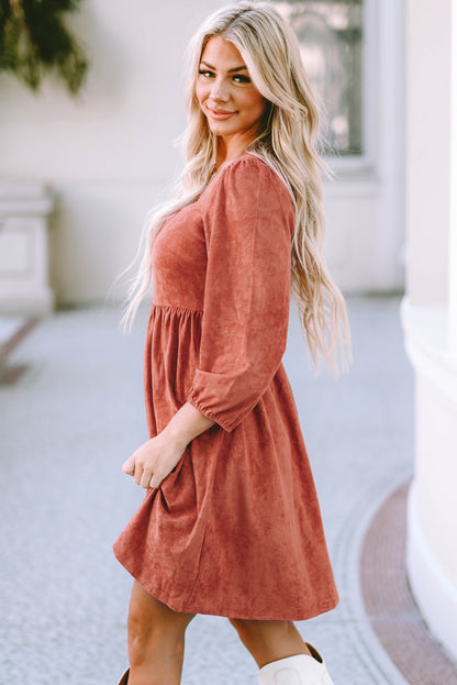 Brown Suede Square Neck Puff Sleeve Dress