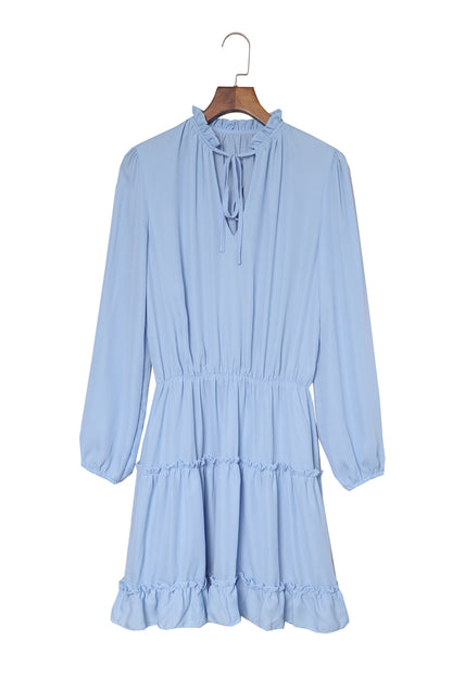 Light Blue V Neck Long Sleeve Ruffle Tiered Mini Dress