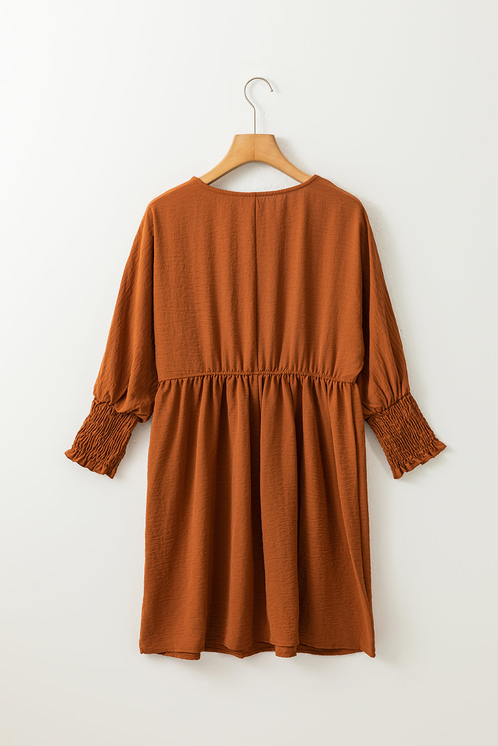 Chestnut Solid Shirred Cuffs Short Swing Dress