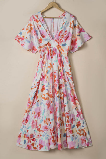 Multicolor Tropical Floral Print Ruched V Neck Maxi Dress