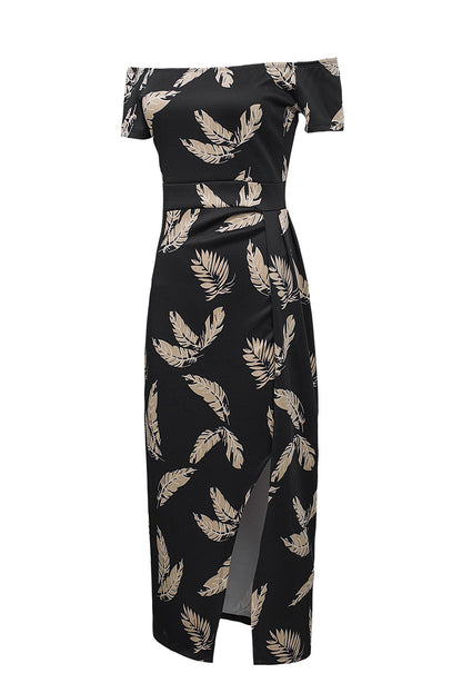 Black Pattern Print Off Shoulder Slit Bodycon Midi Dress