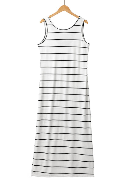 White Stripe Print Open Back Sleeveless Maxi Dress with Slits