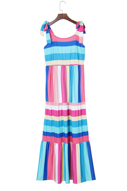 Multicolor Color Block Striped Bow Knot Straps Maxi Dress