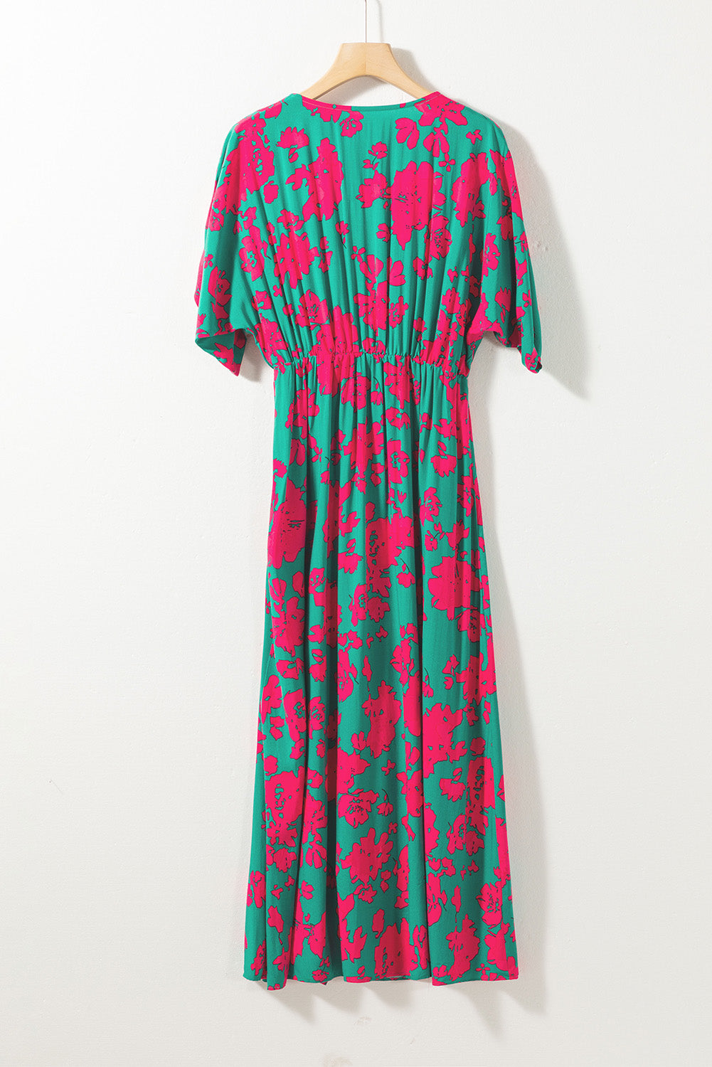 Sea Green Printed V Neck Short Sleeve Split Flared Maxi Dress