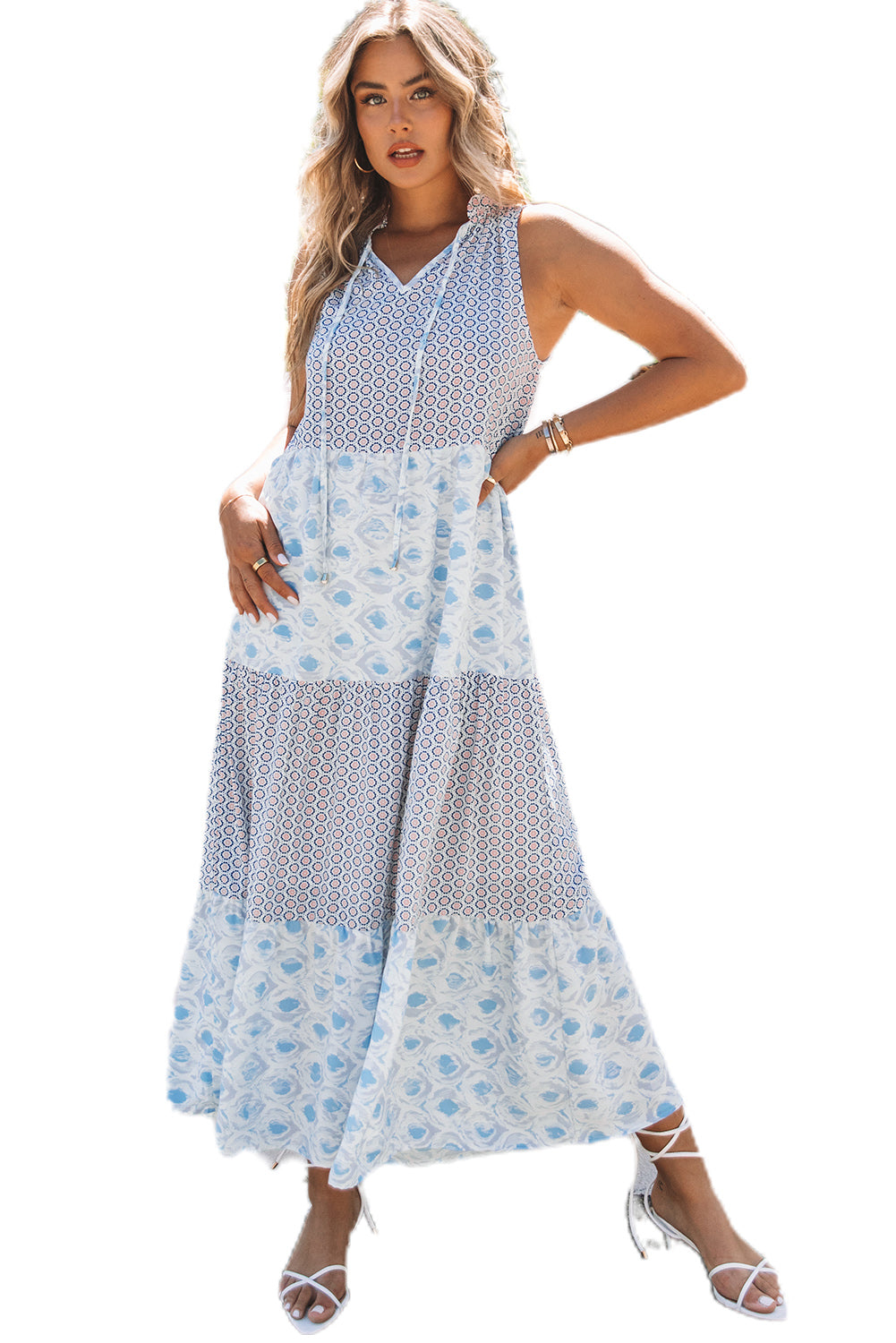 Sky Blue Abstract Print Split Neck Sleeveless Maxi Dress