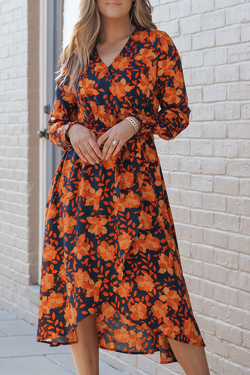 Orange Floral Print Faux Wrap Belted Dress