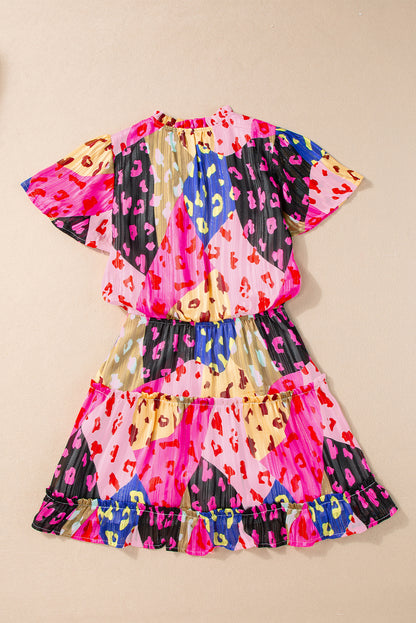 Rose Leopard Print Short Sleeve Tiered Ruffle Mini Dress