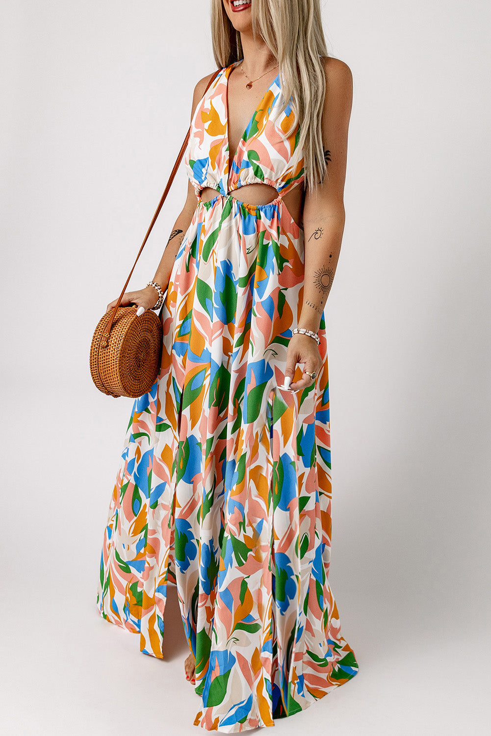 Multicolor Leaf Print Cut-out High Slit Maxi Dress