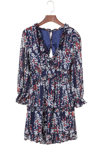 Blue Ruffle Detailing Open Back Floral Dress