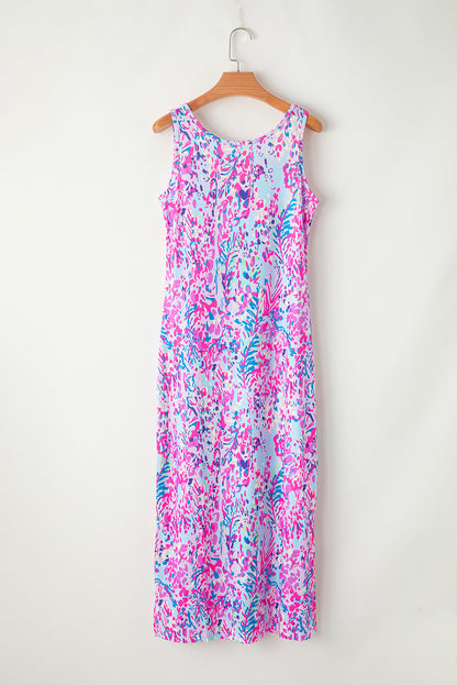 Purple Abstract Floral Print Sleeveless Maxi Dress