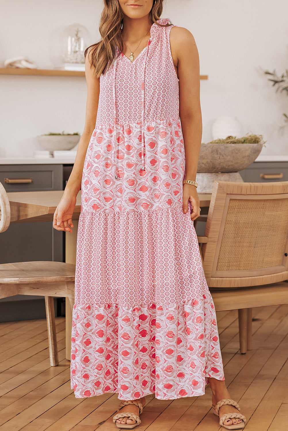 Pink Abstract Print Split Neck Sleeveless Maxi Dress