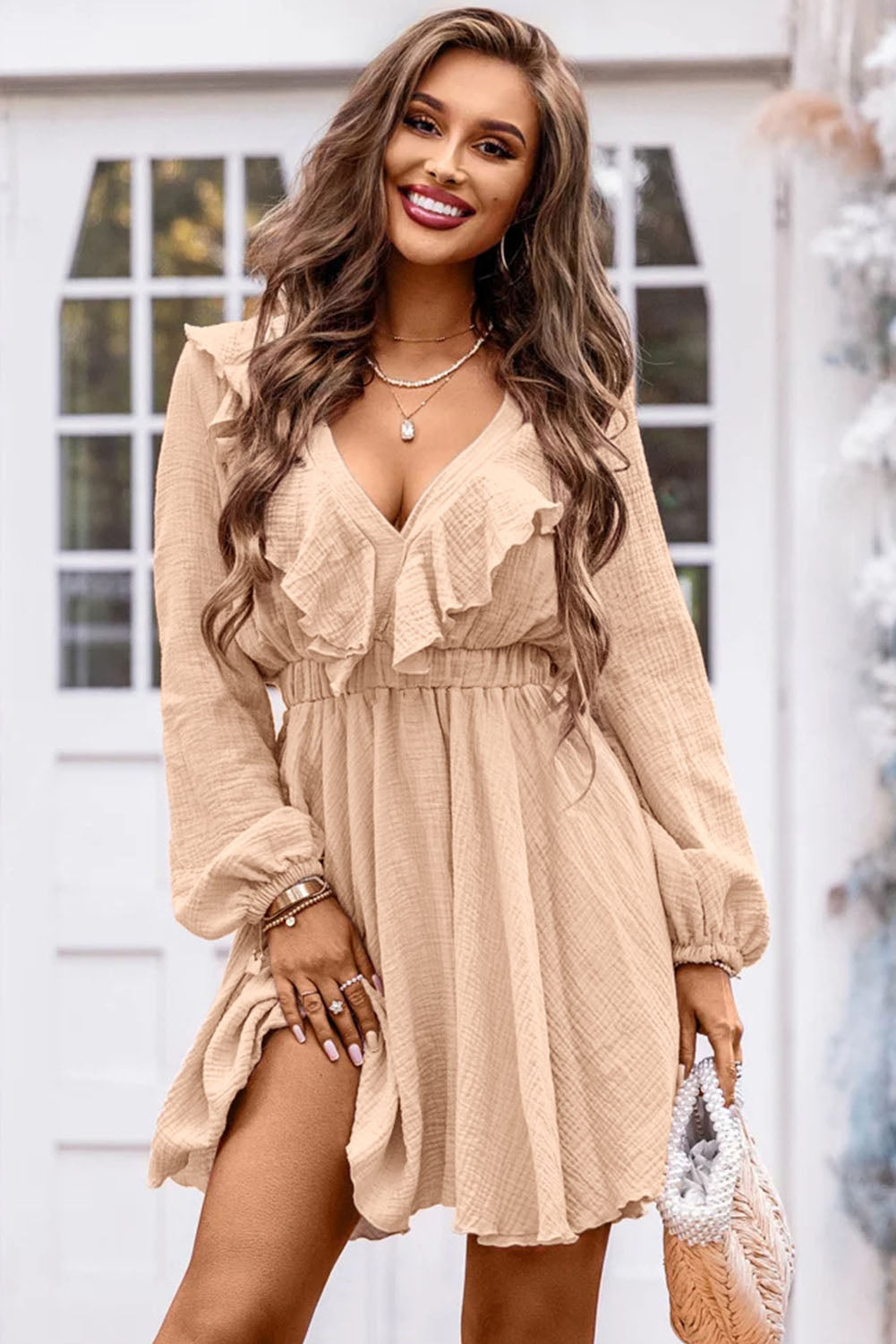 Khaki Textured Ruffled V Neck High Waist Mini Dress