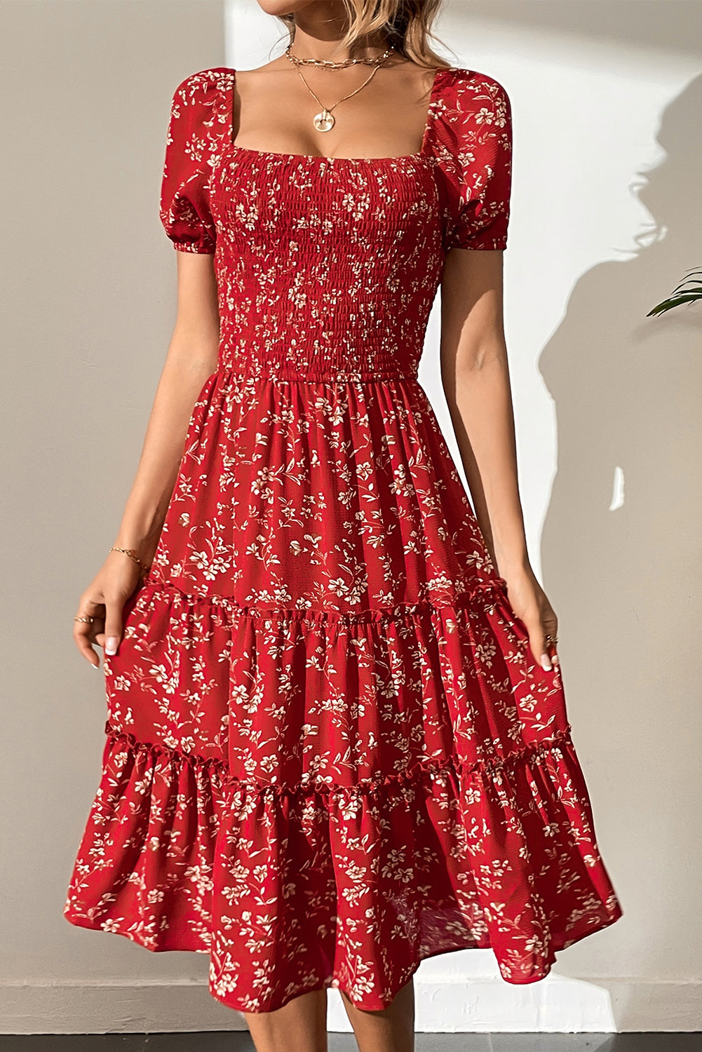 Red Boho Flower Smocked Square Neck Tiered Midi Floral Dress