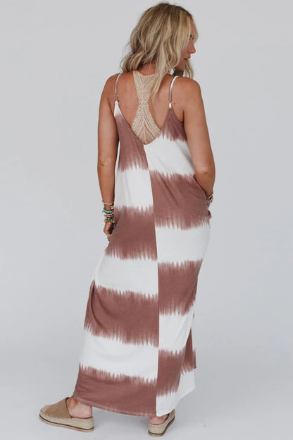 White Stripe Striped Tie Dye Spaghetti Strap Maxi Dress