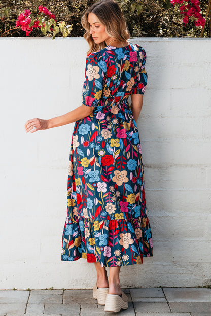 Green Retro Floral Printed Split Neck Maxi Dress