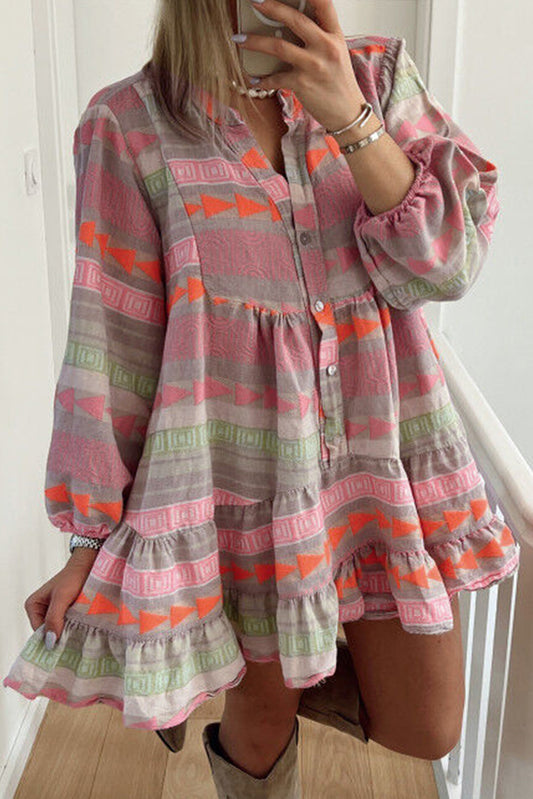 Multicolour Boho Print Puff Sleeve Buttoned Babydoll Dress