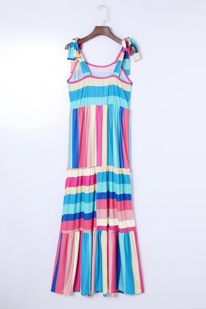 Multicolor Color Block Striped Bow Knot Straps Maxi Dress