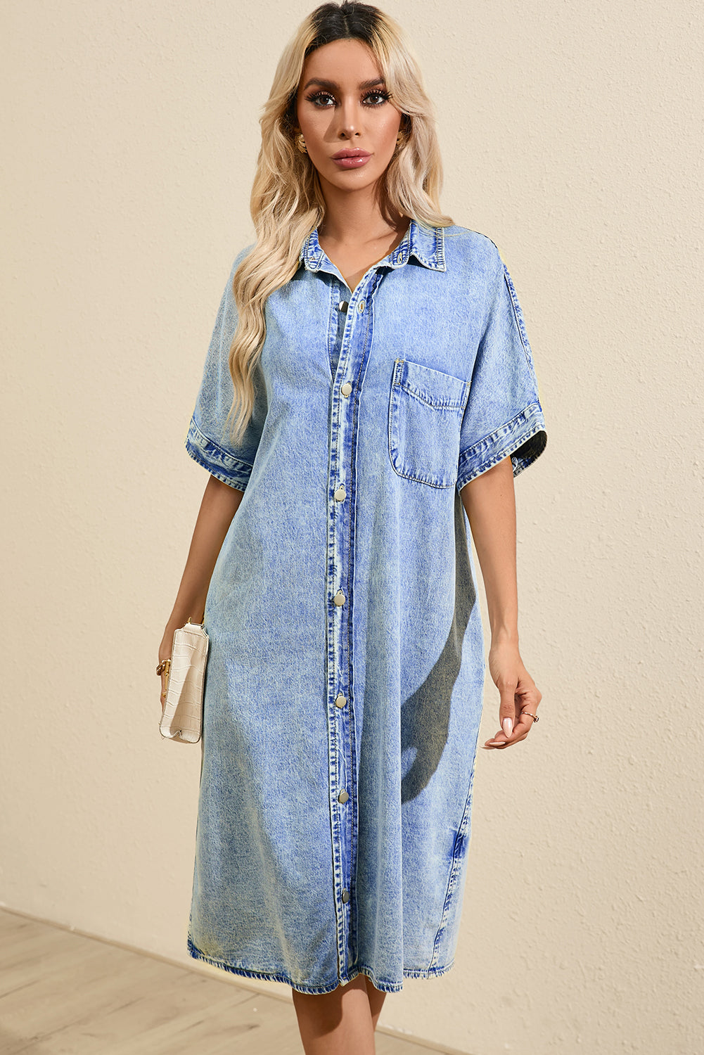 Light Blue Loose Medium Wash Short Sleeve Shirt Chambray Dress