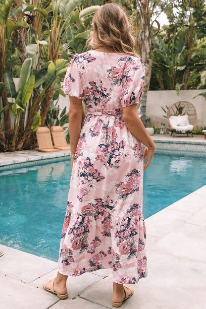 Pink Floral Puff Sleeve High Waist Maxi Dress