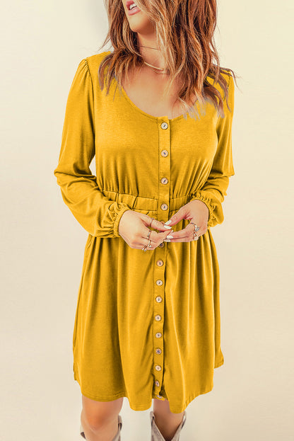 Yellow Button Up High Waist Long Sleeve Dress