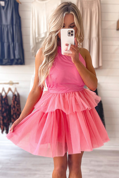 Strawberry Pink Gauze Ruffle Tiered Knotted Halter Dress