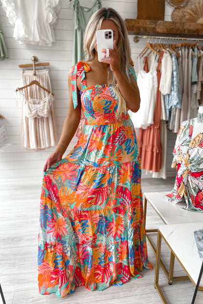 Multicolor Vibrant Tropical Print Smocked Ruffle Tiered Maxi Dress