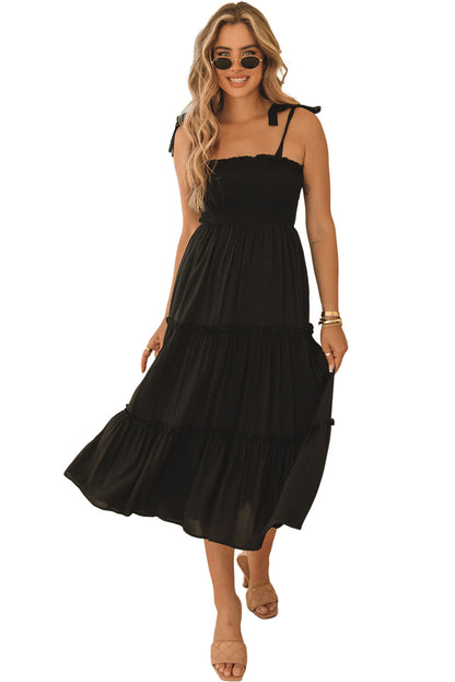 Black Tie Strap Smocked Frill Tiered Midi Dress