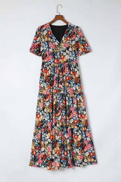 Black Short Sleeve Boho Floral Pattern Tiered Maxi Dress