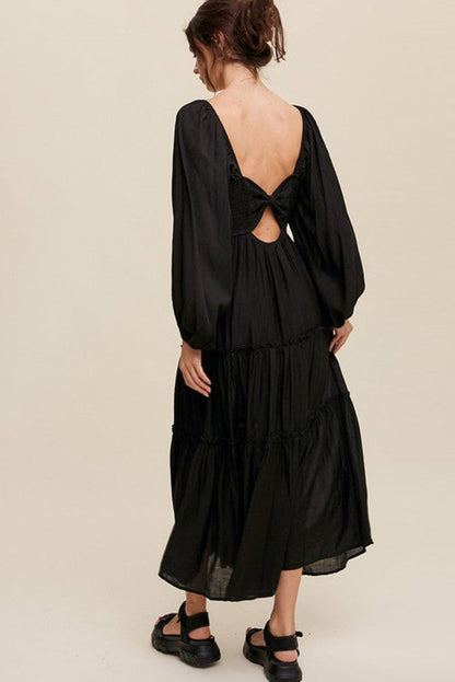 Black V Neck Bowknot Cutout Frill Tiered Maxi Dress