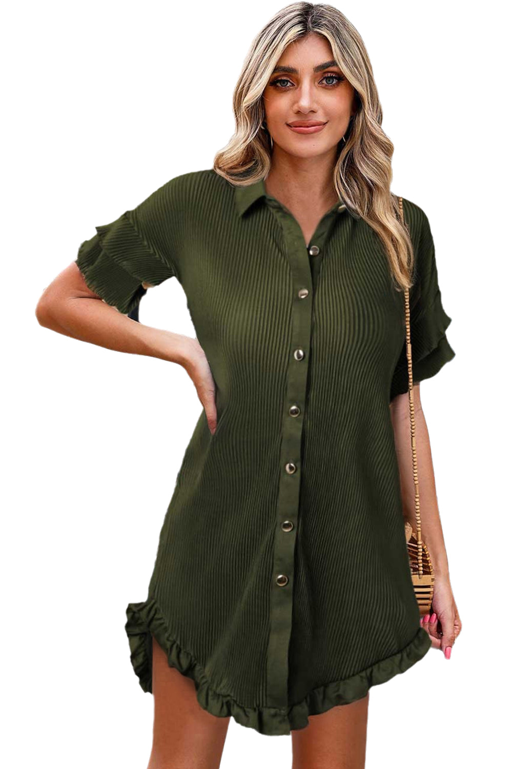 Moss Green High-low Hem Ruffle Sleeve Pleated Shirt Dress