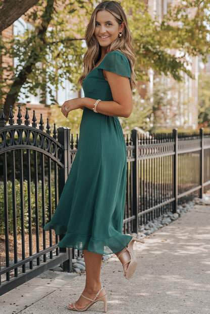 Sea Green Shirred Open Back Sweetheart Neck Ruffled Midi Dress