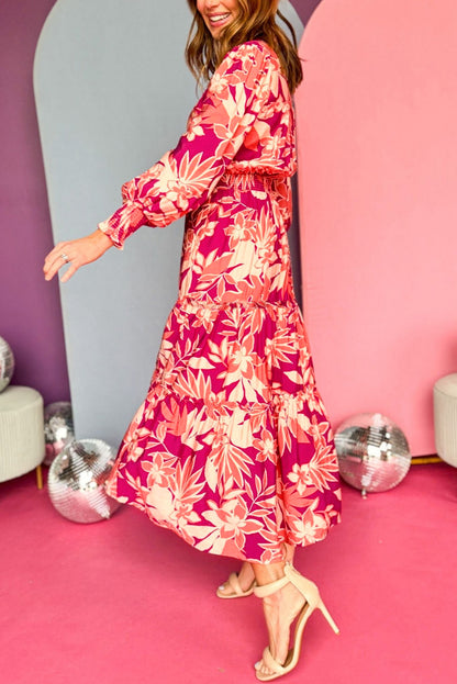 Rose Floral Print Buttoned Smocked High Waist Maxi Dress